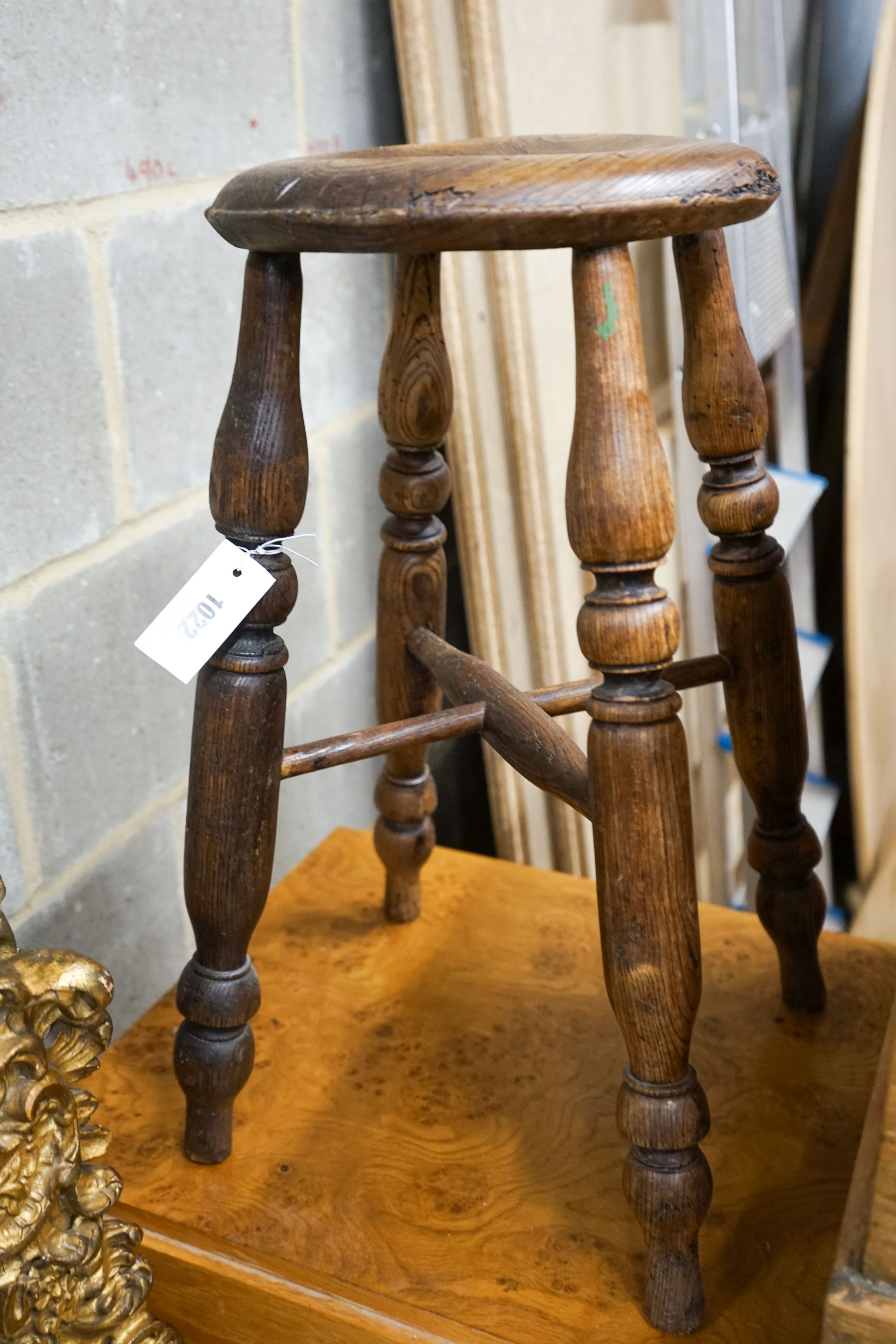 A Victorian rectangular pine trunk, length 83cm, depth 49cm, height 51cm, together with a provincial elm stool